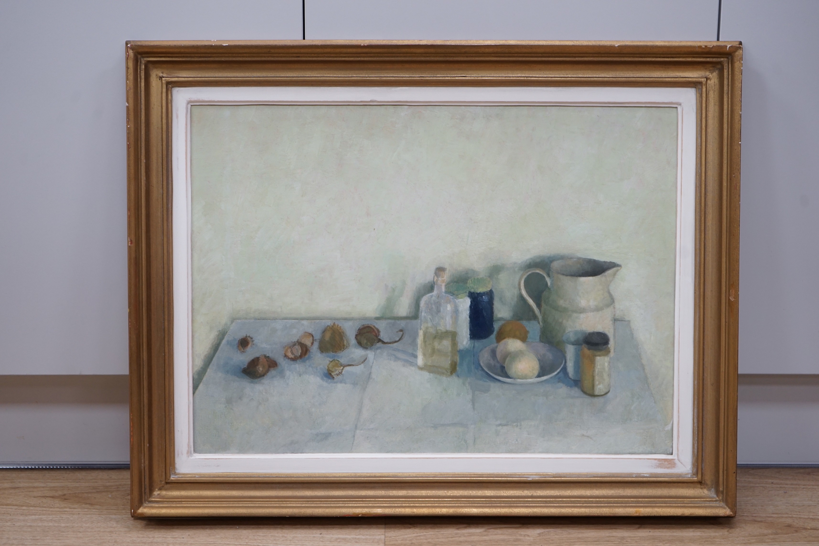 Modern British, oil on board, Table top still life, 43 x 58cm
